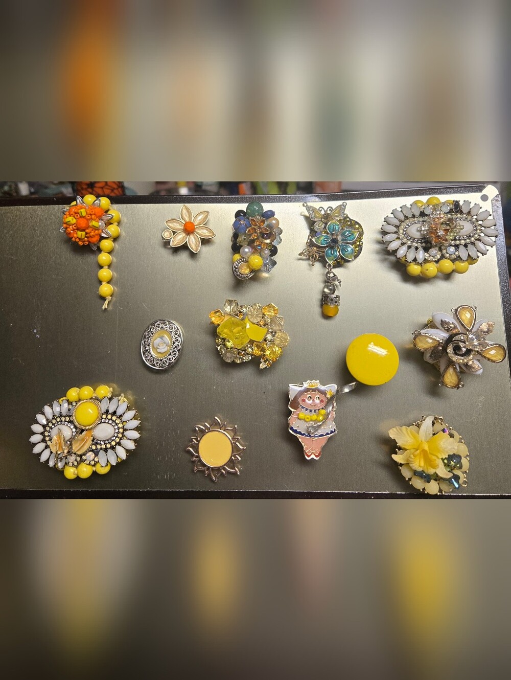 handmade refrigerator magnets made with vintage jewelry yellow tones  floral